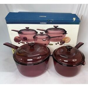 6 Piece Set - Corning Visions Cranberry Sauce Pan Set w/ Lids (missing 2.5 Qt)